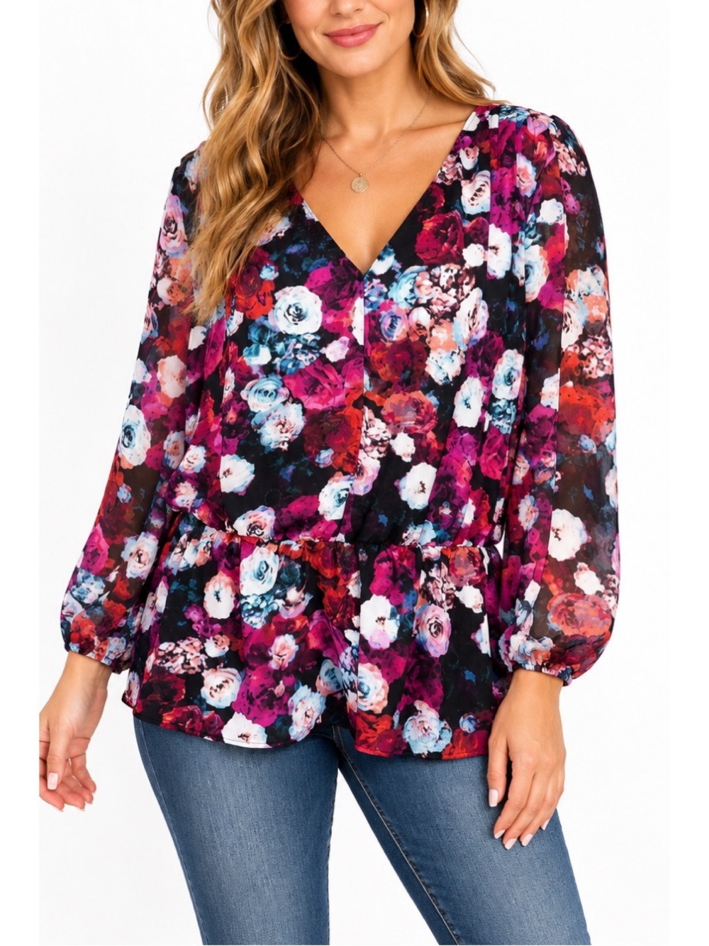 Attention Floral V-Neck Long Sleeve Blouse- Medium